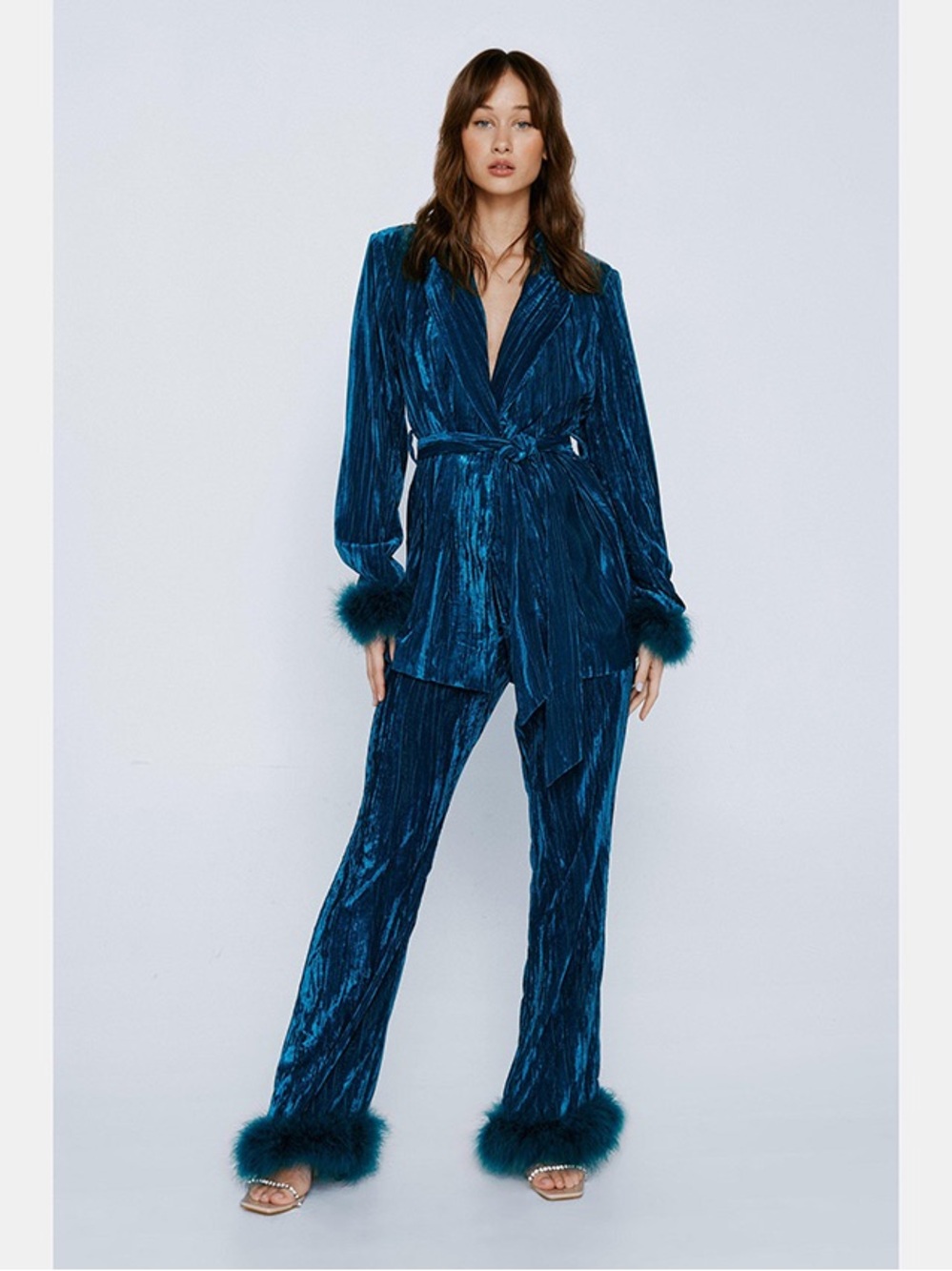 Nasty Gal Green Premium Velvet Feather Trim Blazer & Flared Trousers Suit SET
